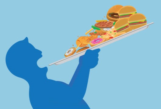 Fat man try to devour all junk food in one time with lifting a tray. Illustration about overeating.